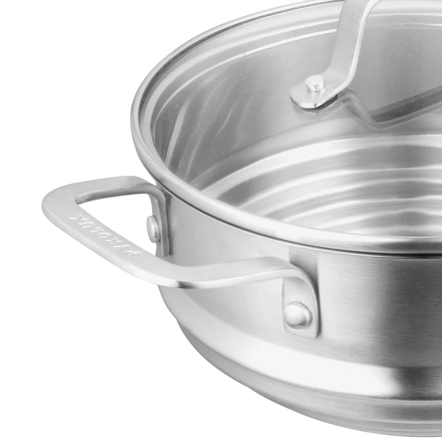 RADIUS 85 Multi Steamer Insert with Lid top view close up on handle with logo