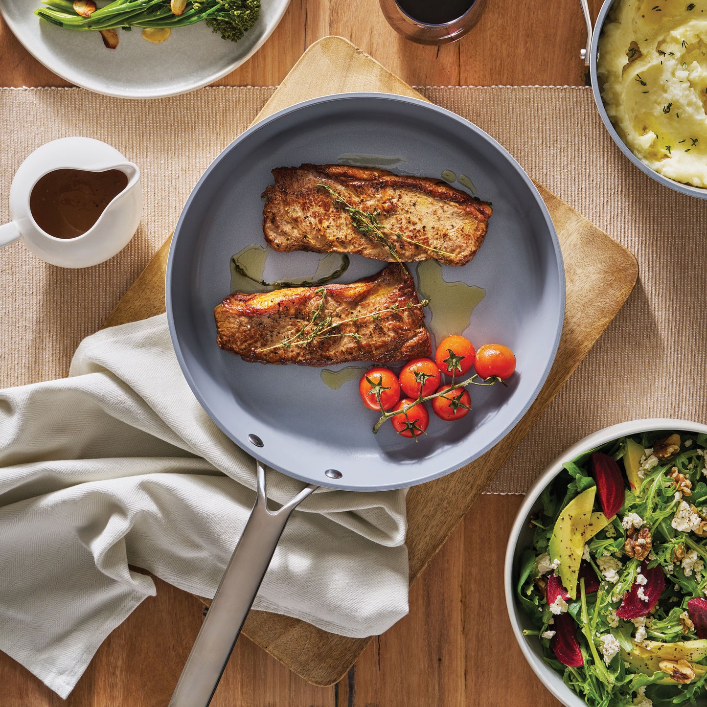 Nexgen Fry Pan Ivory top view with pork steaks