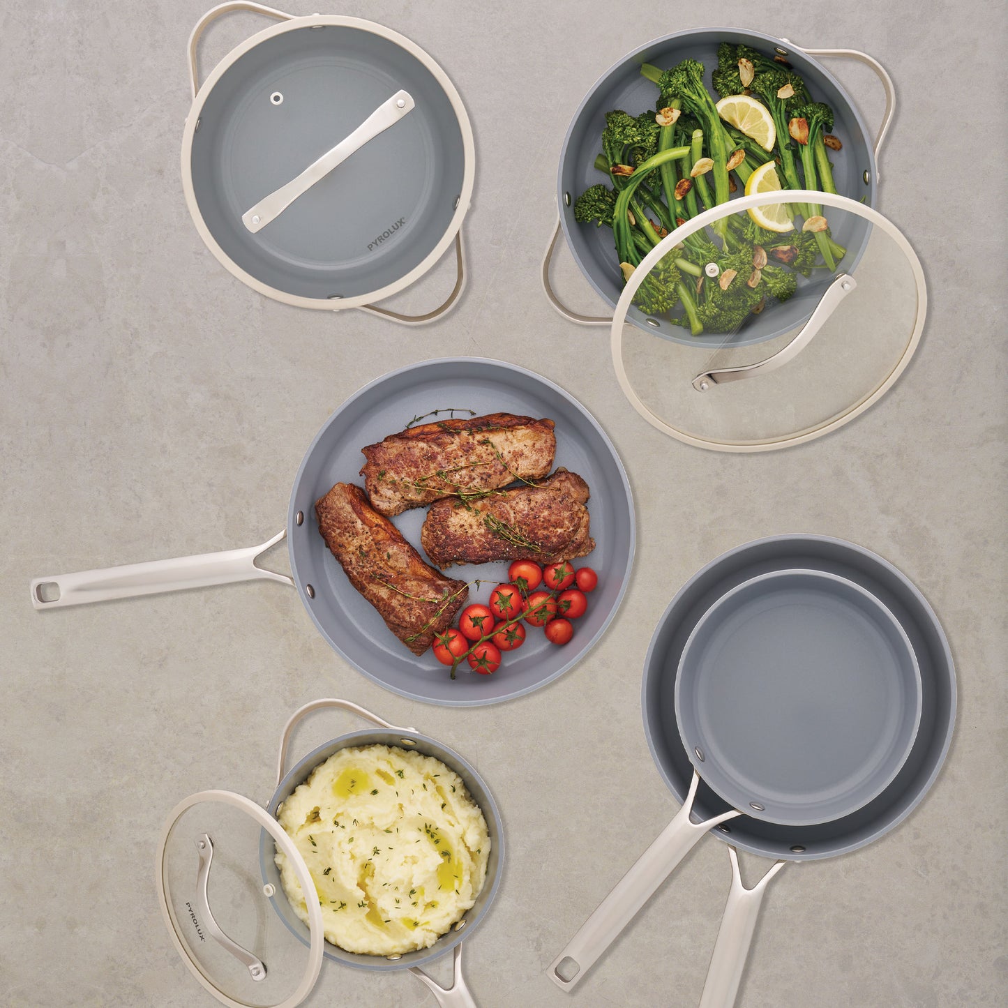 Nexgen Chef Pan Ivory top view with collection and food