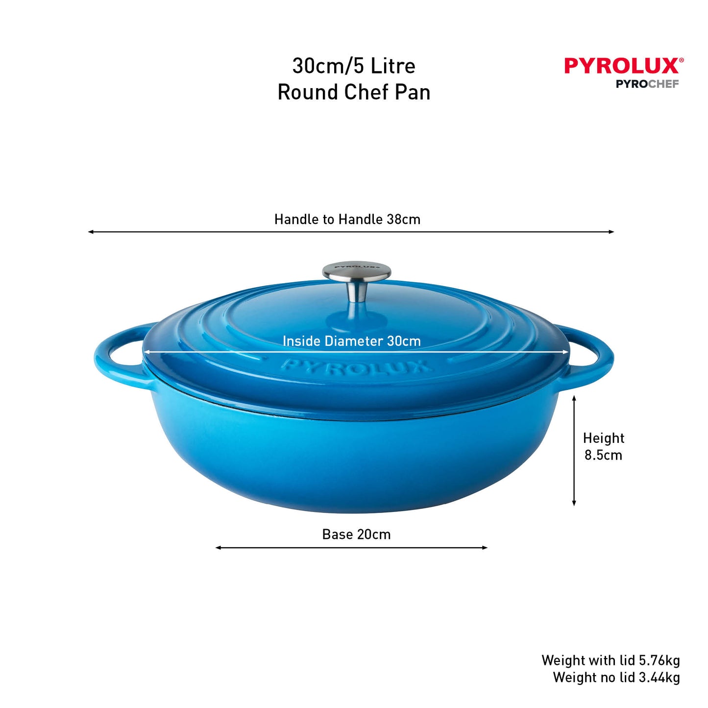 Blue round chef pan with dimensions and Pyrolux branding on a white background