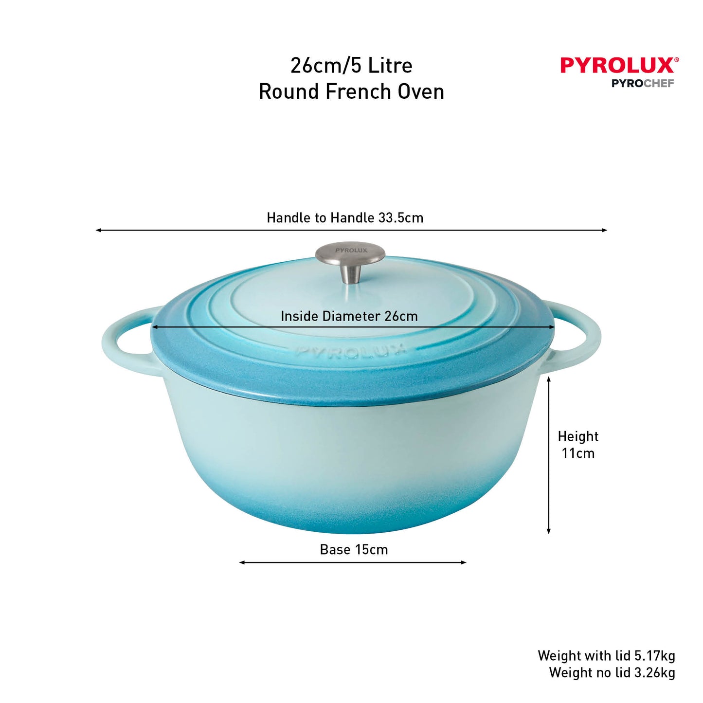 Blue round French oven with dimensions and Pyrolux branding on a white background