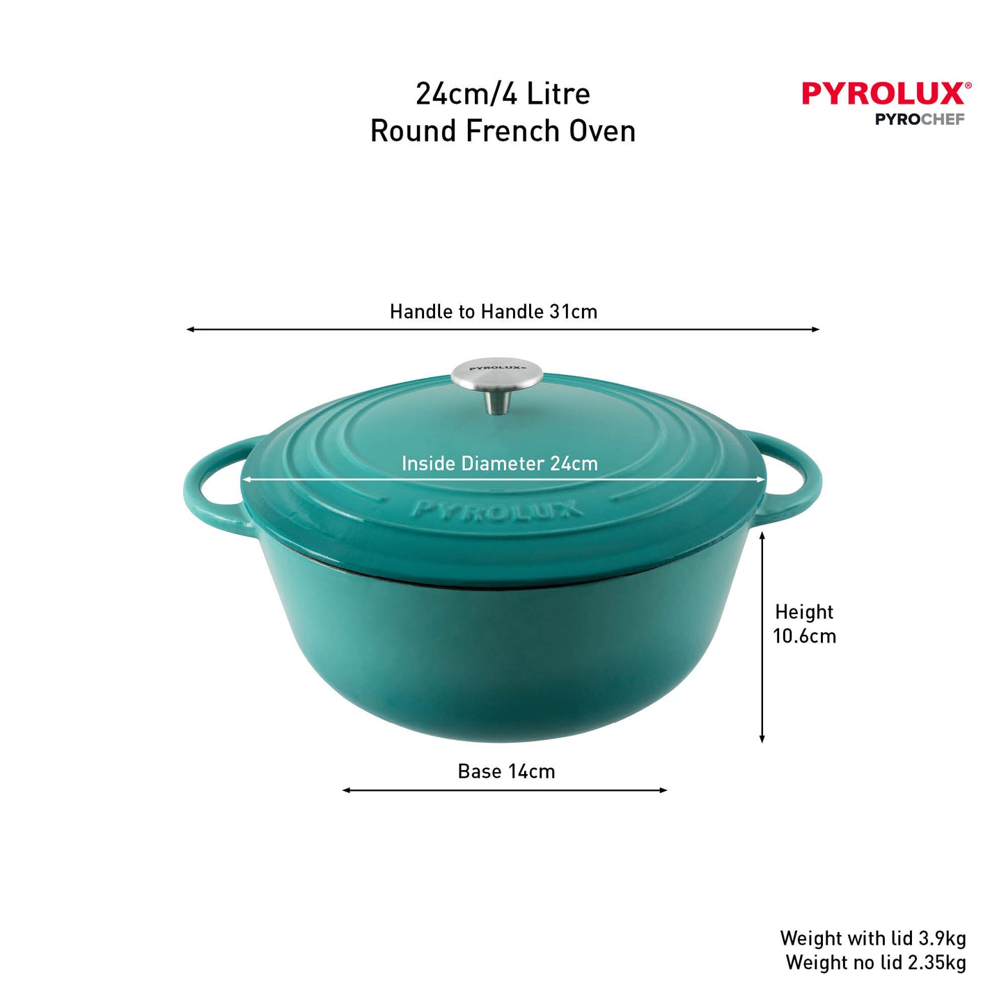 Teal round French oven with dimensions and Pyrolux branding on a white background
