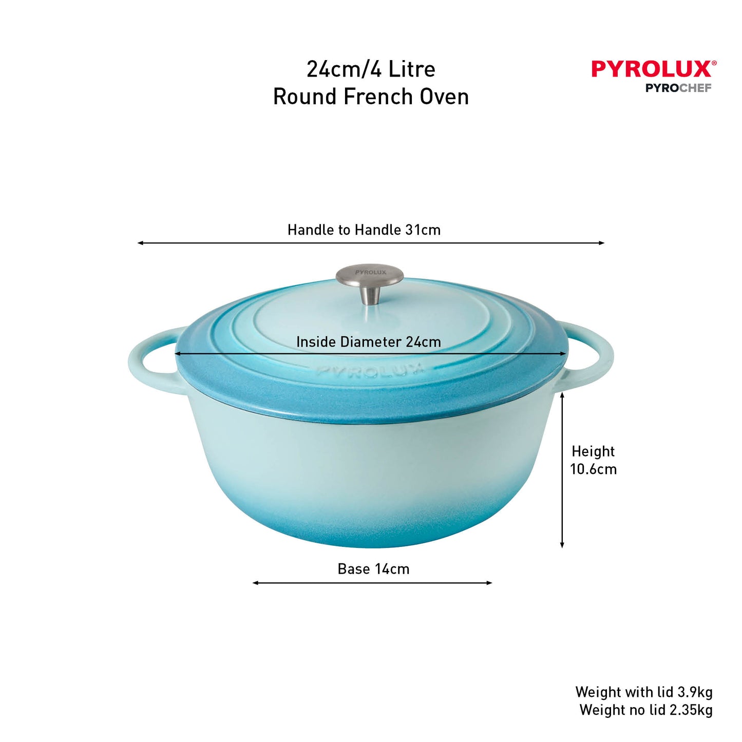 Pyrolux round French oven with dimensions and weight details on a white background