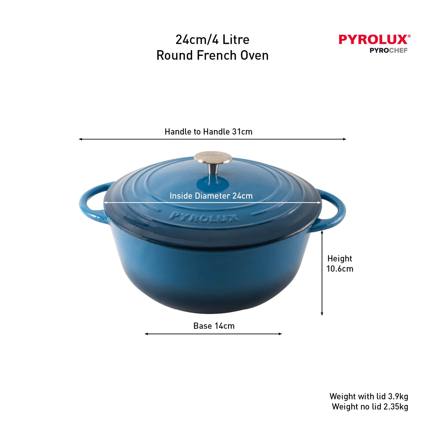 Blue round French oven with dimensions and Pyrolux branding on a white background