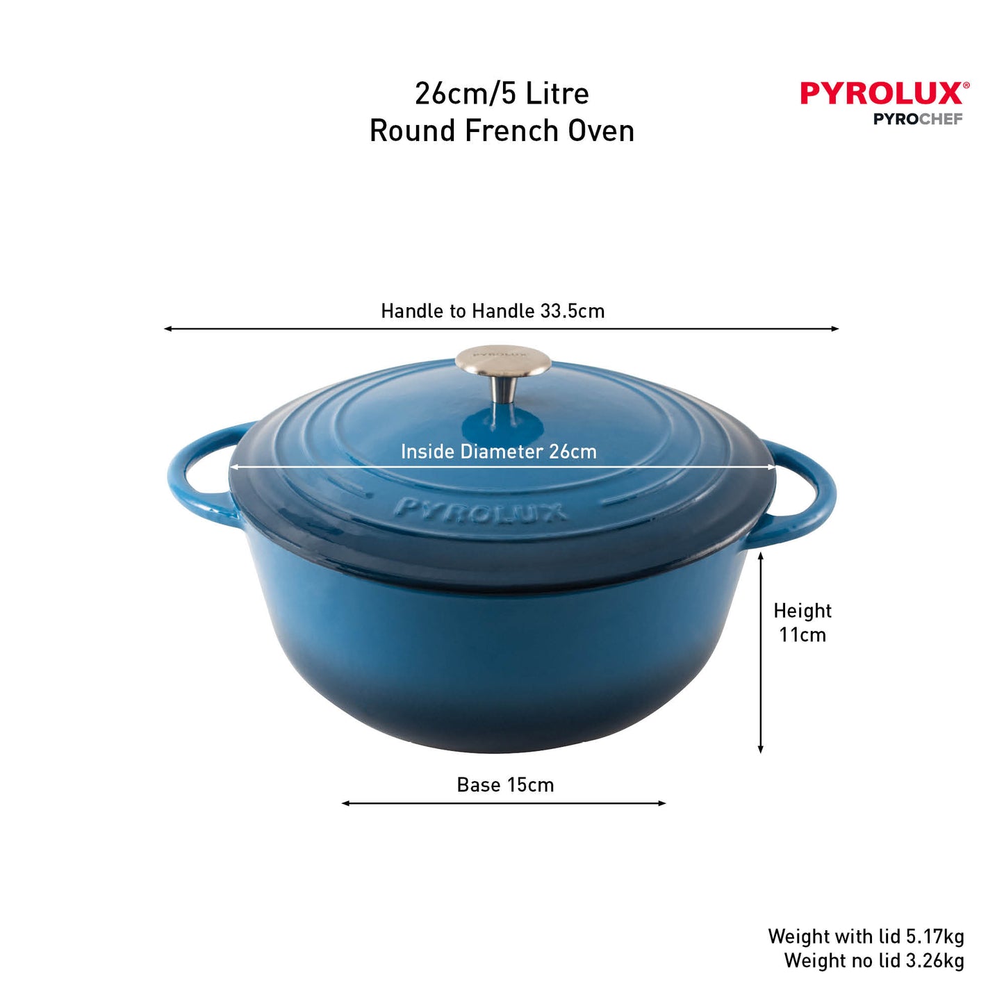Blue round French oven with dimensions and Pyrolux branding on a white background