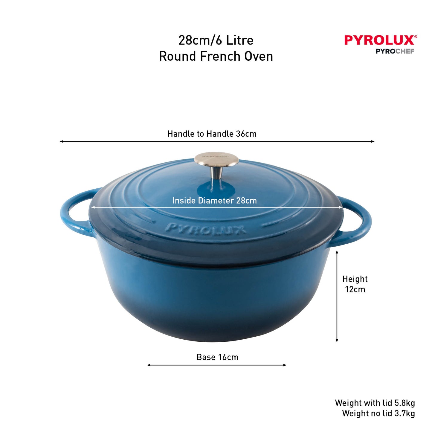 Blue round French oven with dimensions and Pyrolux branding on a white background