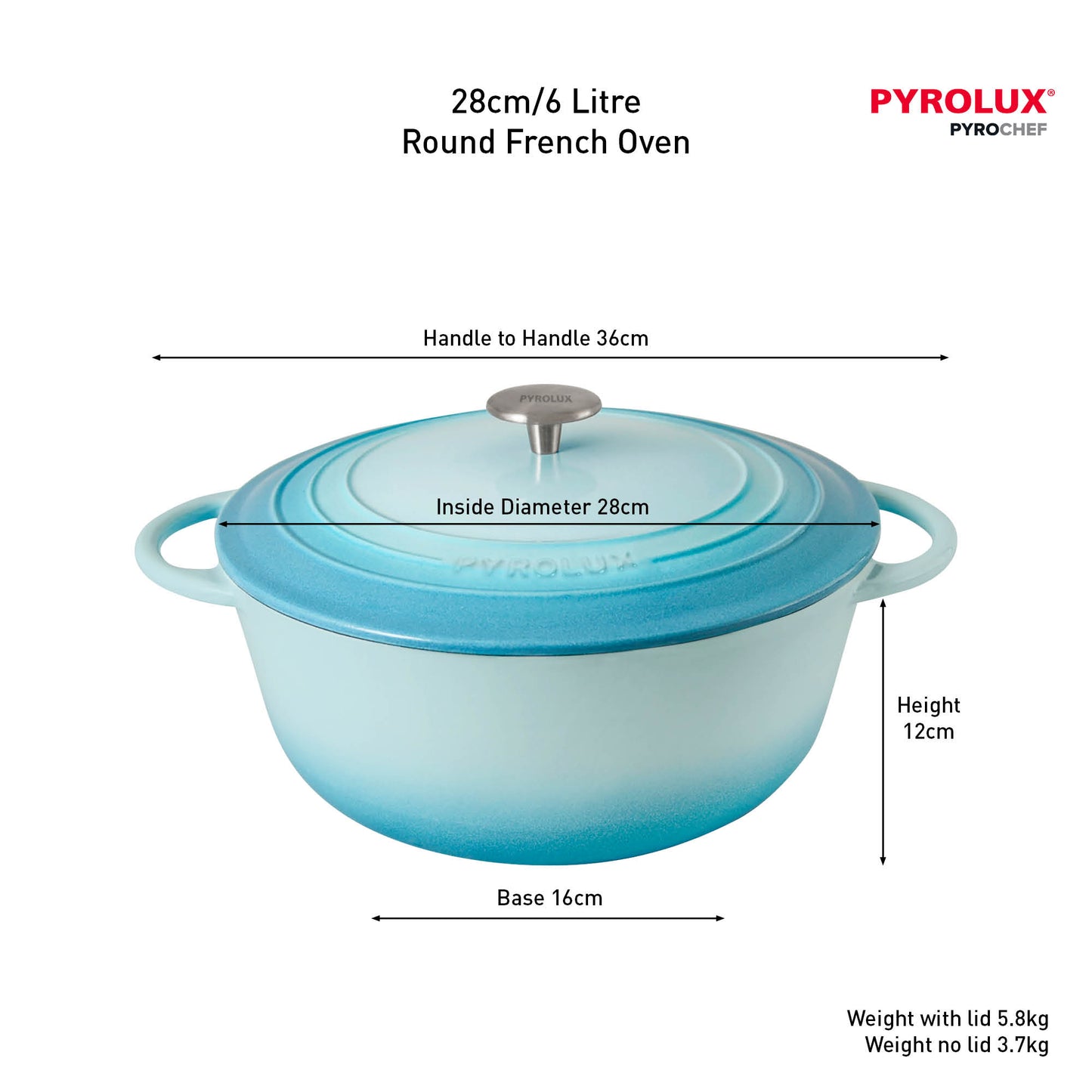 Blue round French oven with dimensions and Pyrolux branding on a white background