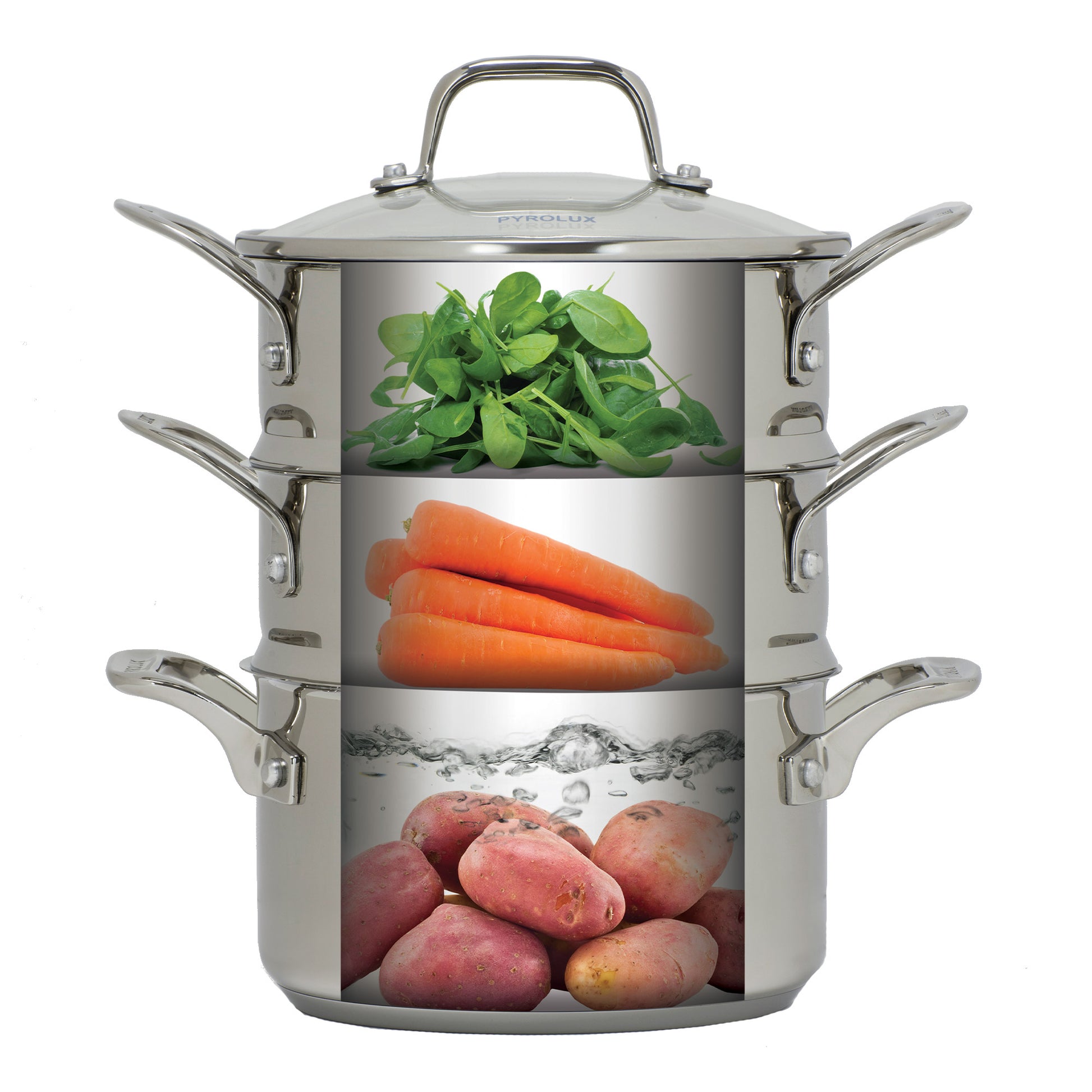 PYROSTEEL Tier Steamer Set side view with food