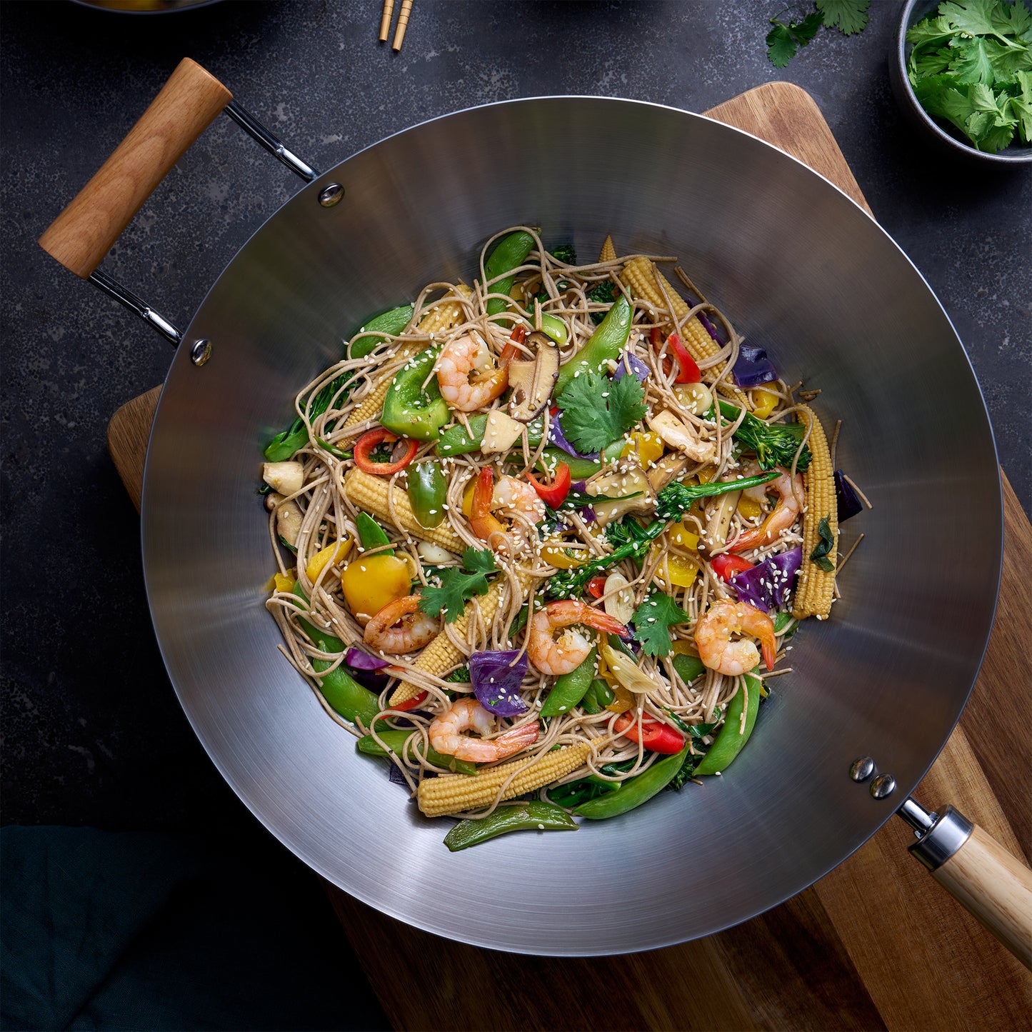Wok with Wood Long and Helper Handle