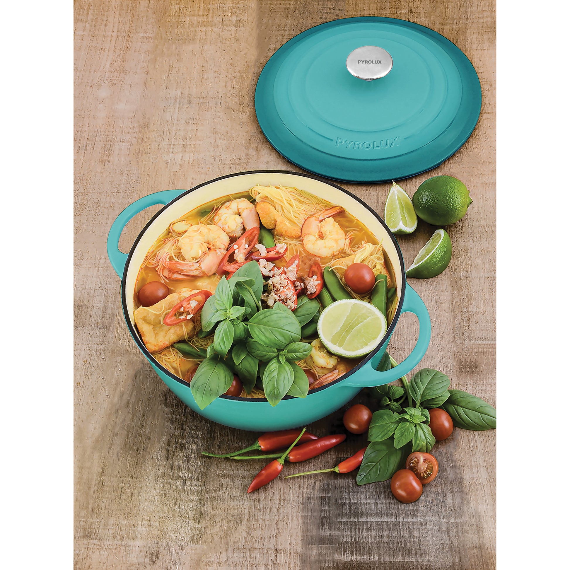 PYROCHEF Round French Oven Aqua Marine with prawn stew