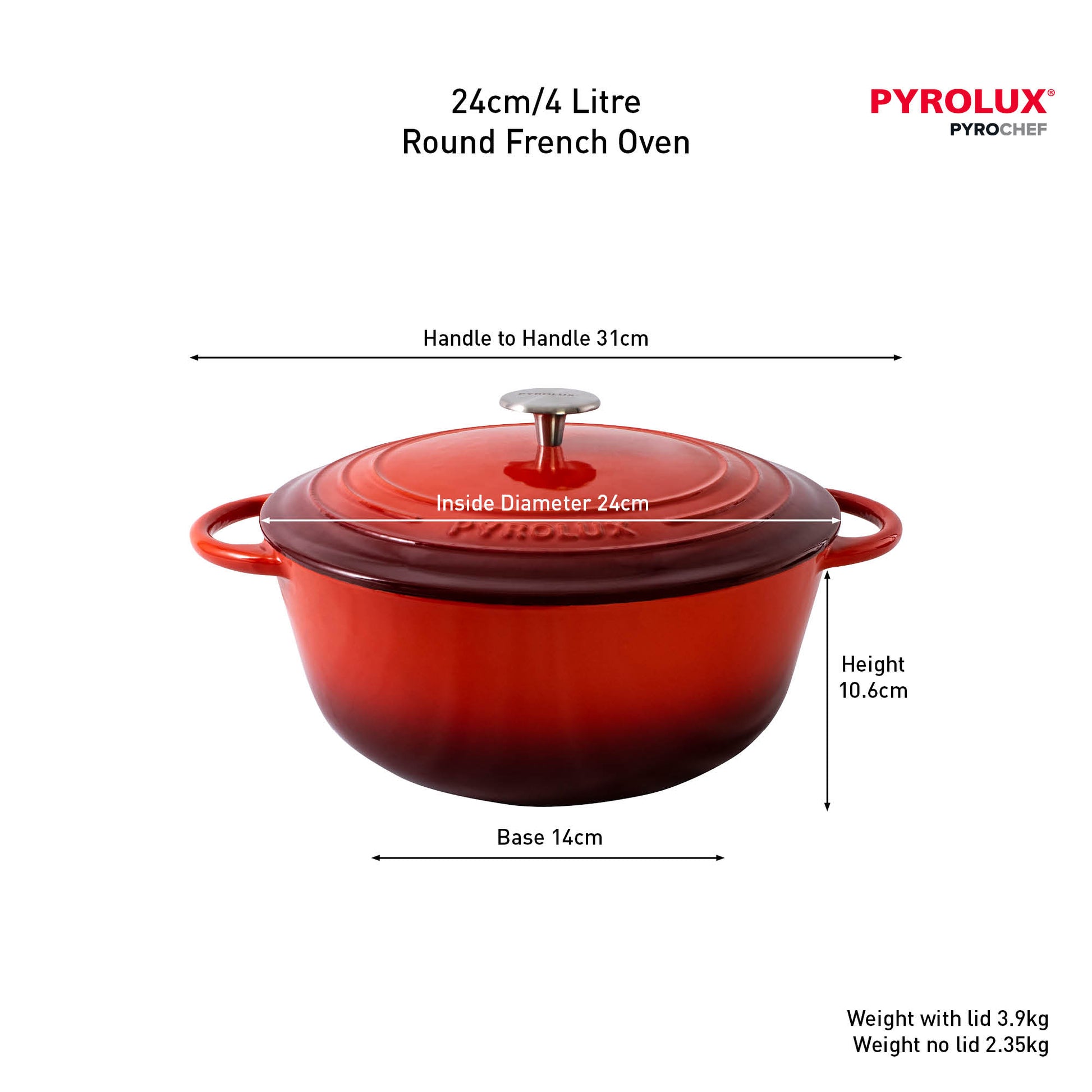 Red round French oven with dimensions and Pyrolux branding on a white background
