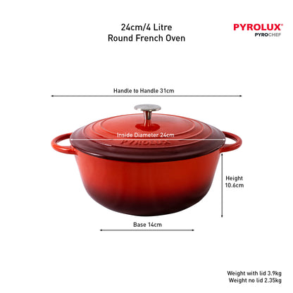 Red round French oven with dimensions and Pyrolux branding on a white background