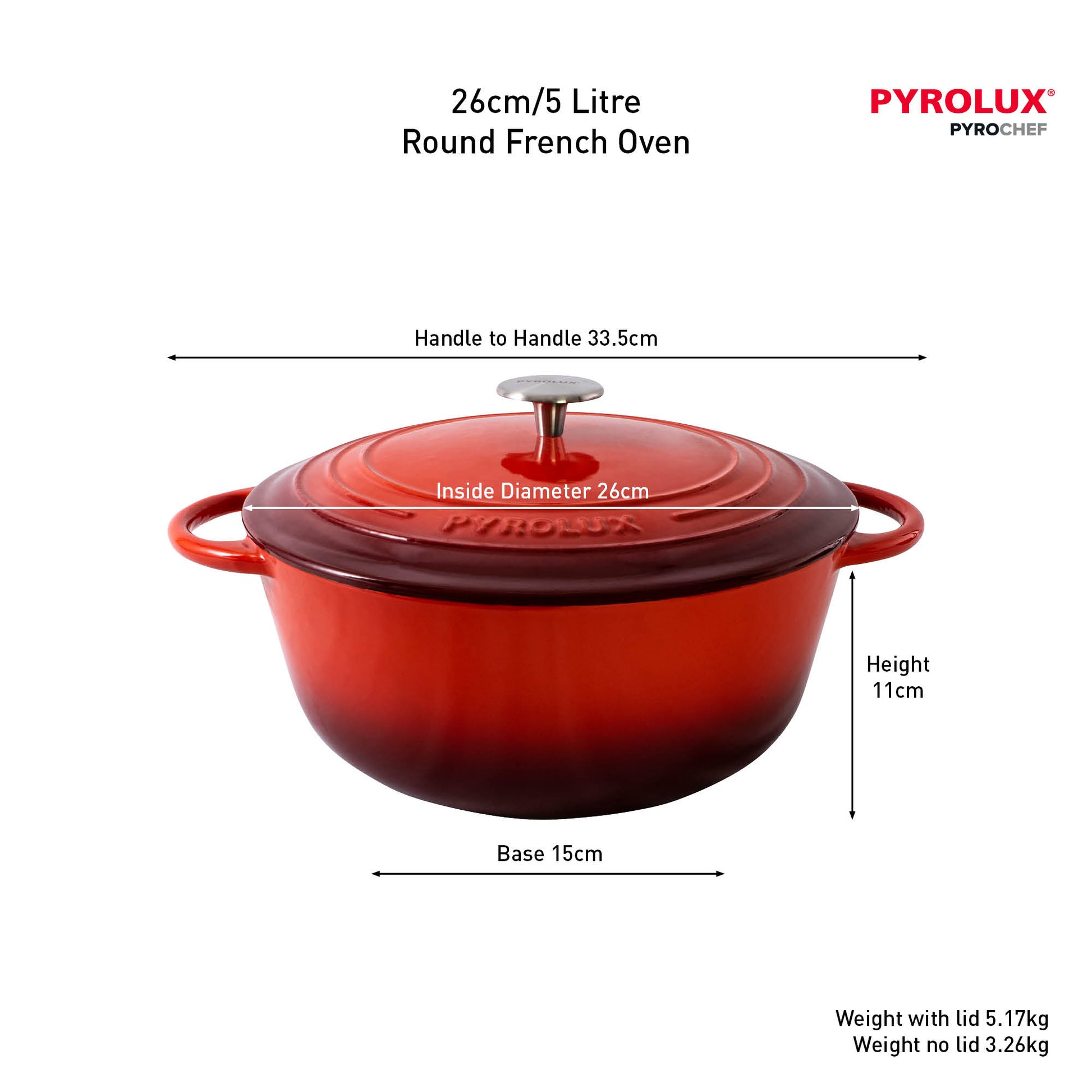Red round French oven with dimensions and Pyrolux branding on a white background