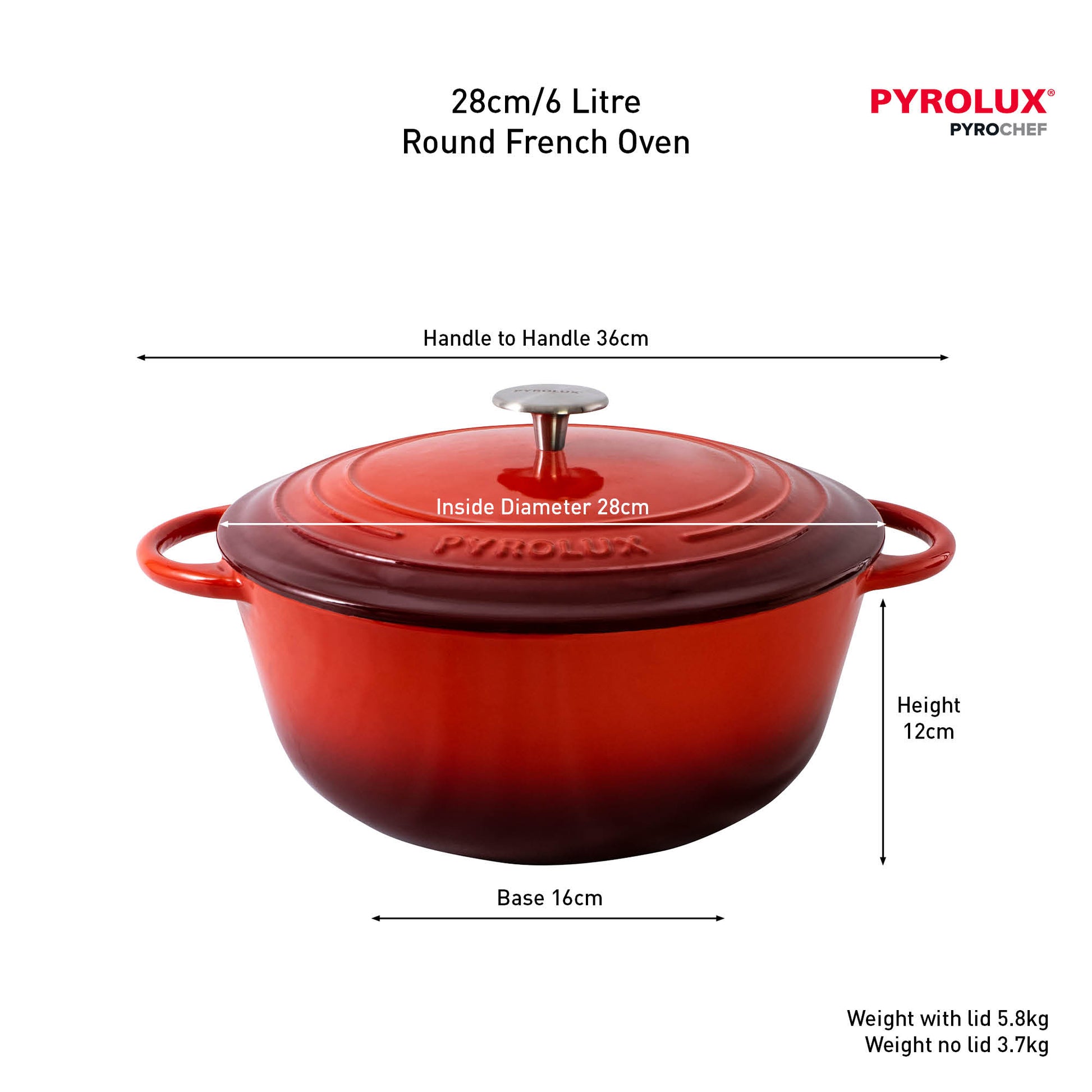 Red round French oven with dimensions and Pyrolux branding on a white background
