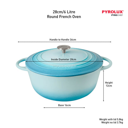 Blue round French oven with dimensions and Pyrolux branding on a white background